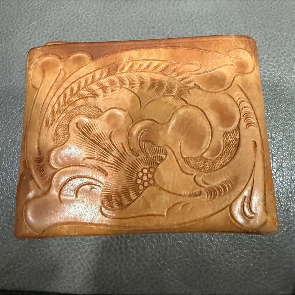 Vintage Cardat Hand Tooled Genuine Calf Leather Bifold Wallet Floral Tan JAE